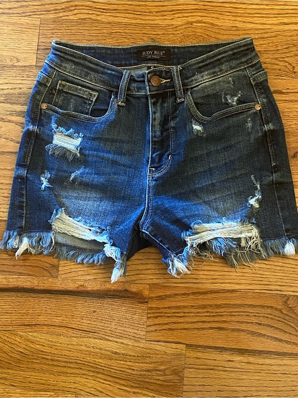 Judy Blue Medium-Dark Wash Distressed Frayed Hem Denim Shorts